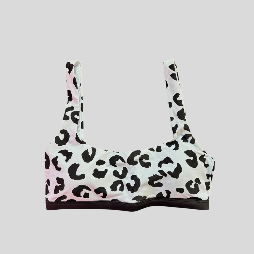 DKNY Women's Scoop Neck Banded Bikini Swim Top Ice Blue Leopard Size Medium NWT